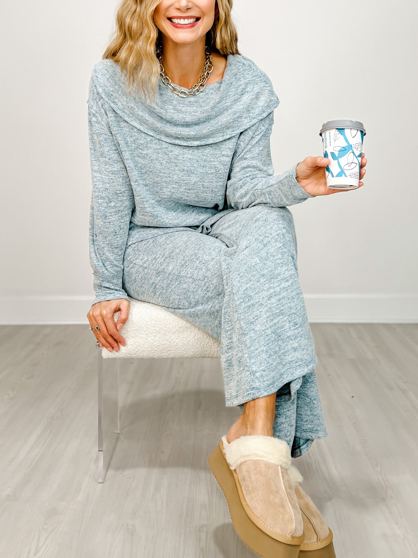 Two Piece Luxe Off Shoulder Top with Matching Pants in Dark Teal