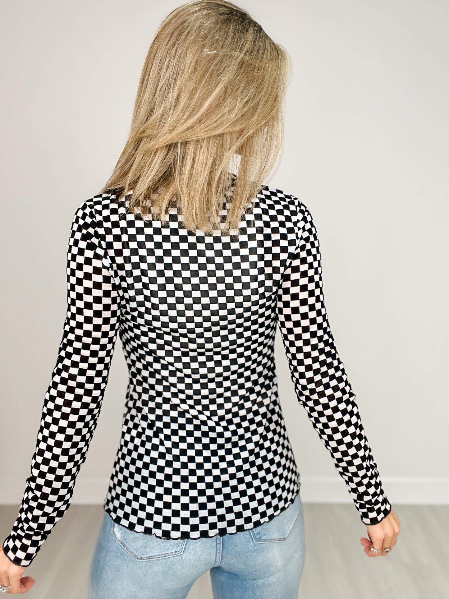 Long Sleeve Checkered Mock Neck Top