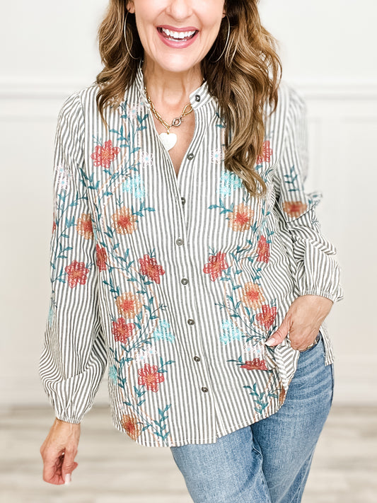 Balloon Sleeve Striped Button Down Top with Embroidery Details