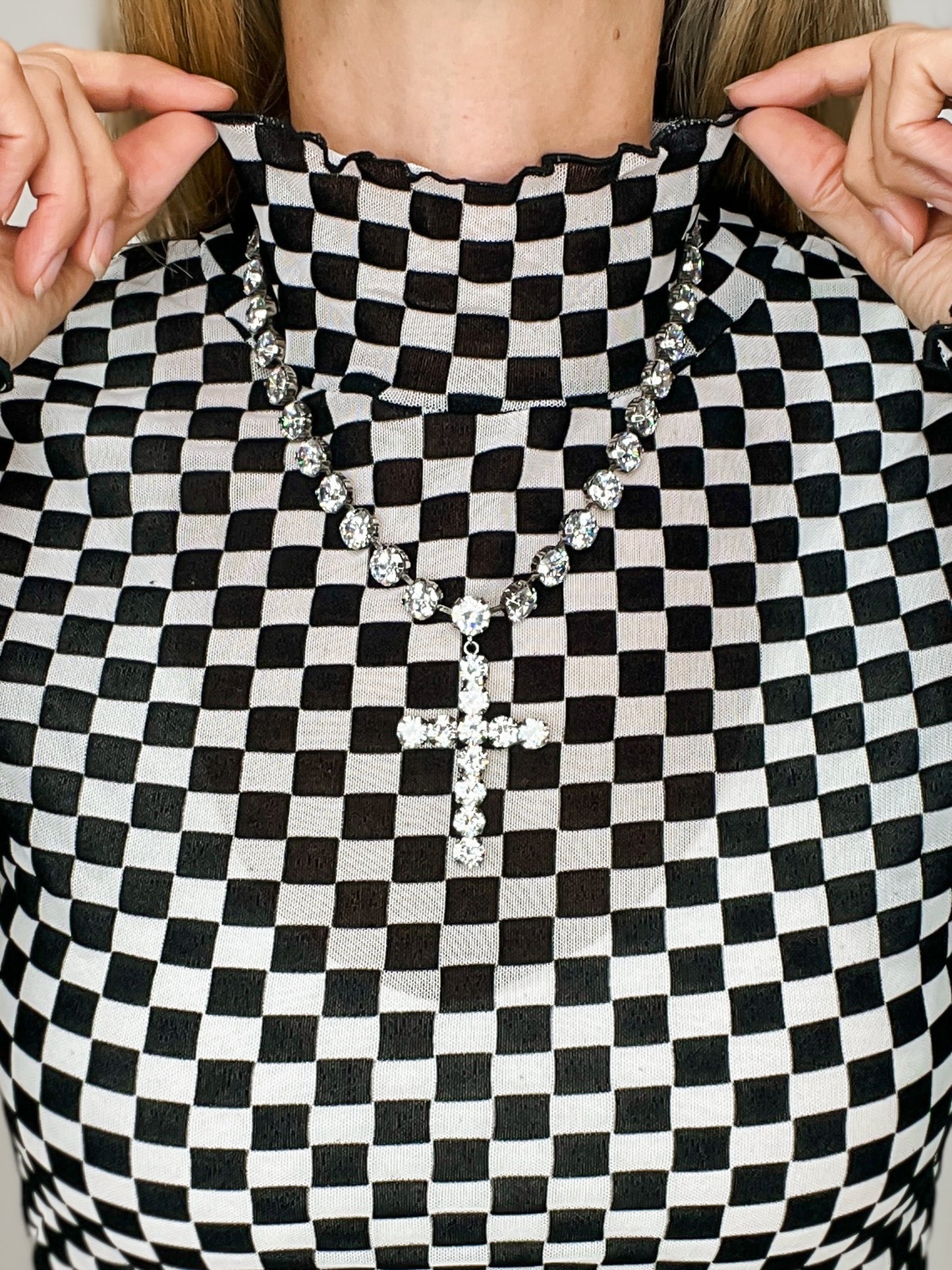 Long Sleeve Checkered Mock Neck Top