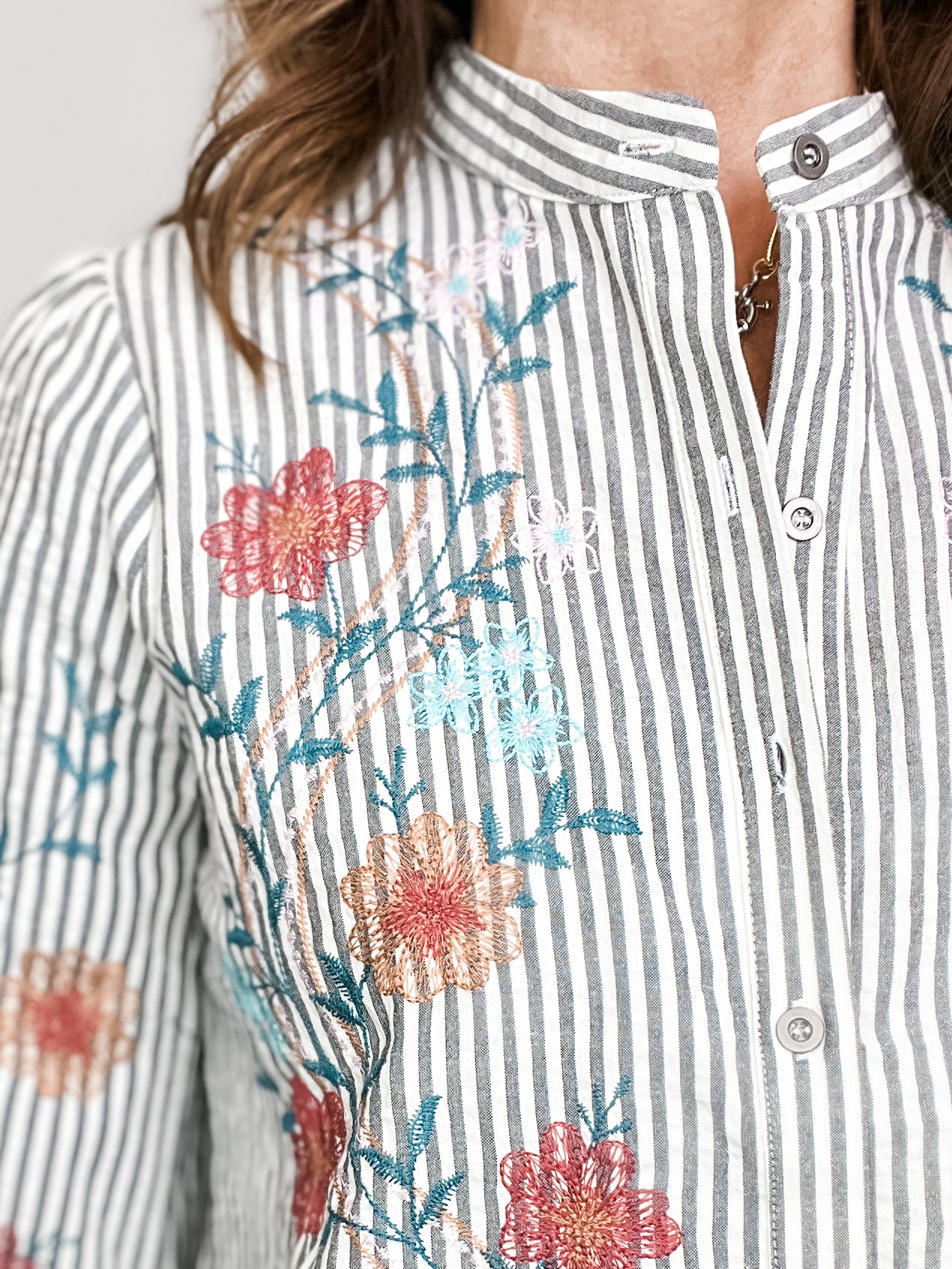 Balloon Sleeve Striped Button Down Top with Embroidery Details