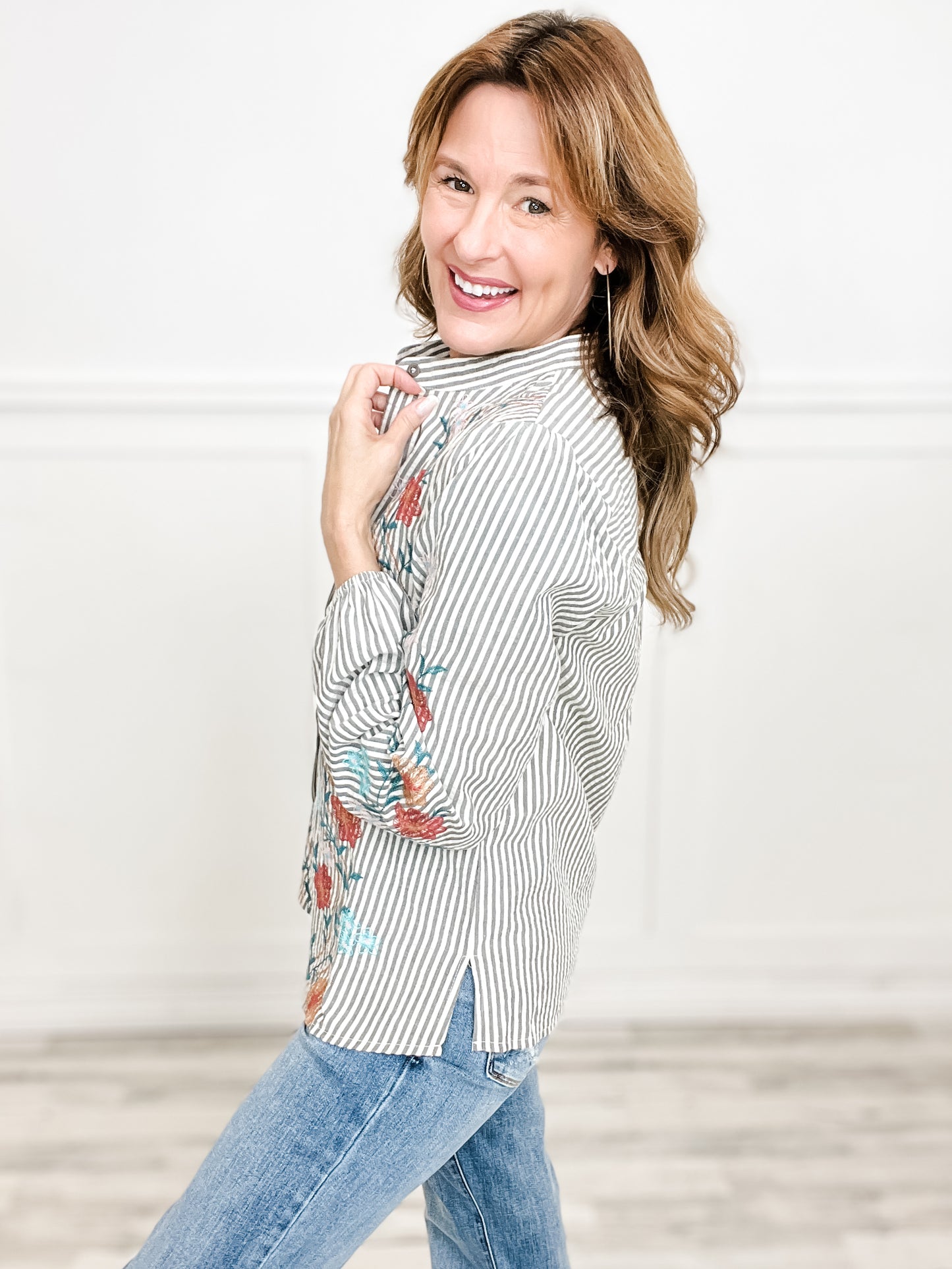 Balloon Sleeve Striped Button Down Top with Embroidery Details