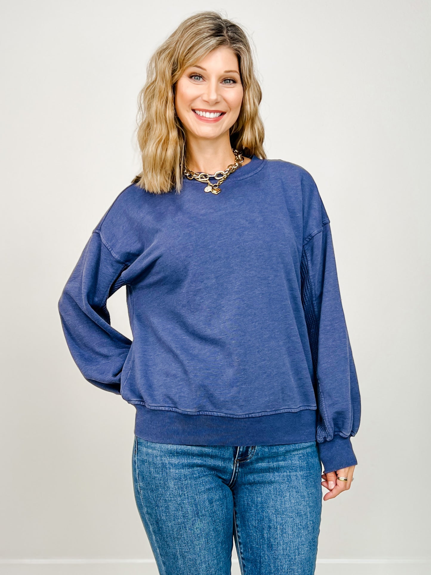 Mineral Washed Mixed Texture Pullover in Navy