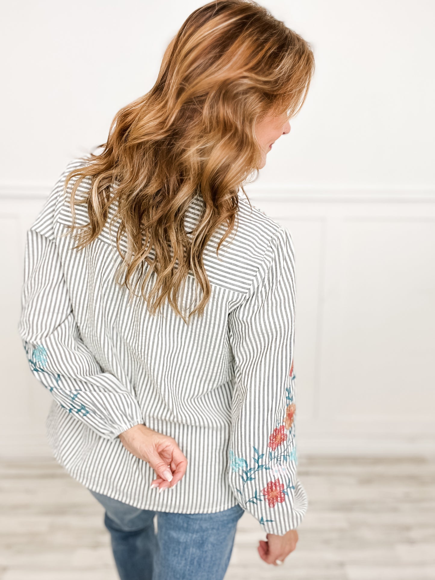 Balloon Sleeve Striped Button Down Top with Embroidery Details