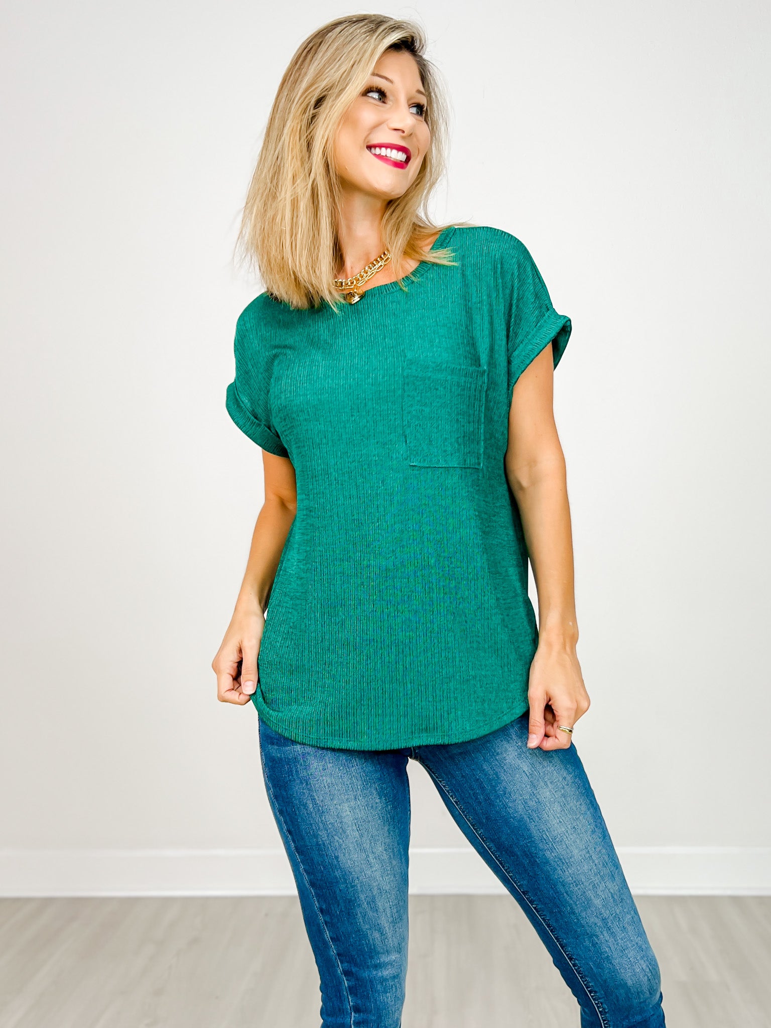 Cuffed Short Sleeve Top With Chest Pocket