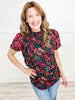 Fun Print Ruffle Neckline Top with Embroidery Detail and Puff Short Sleeves