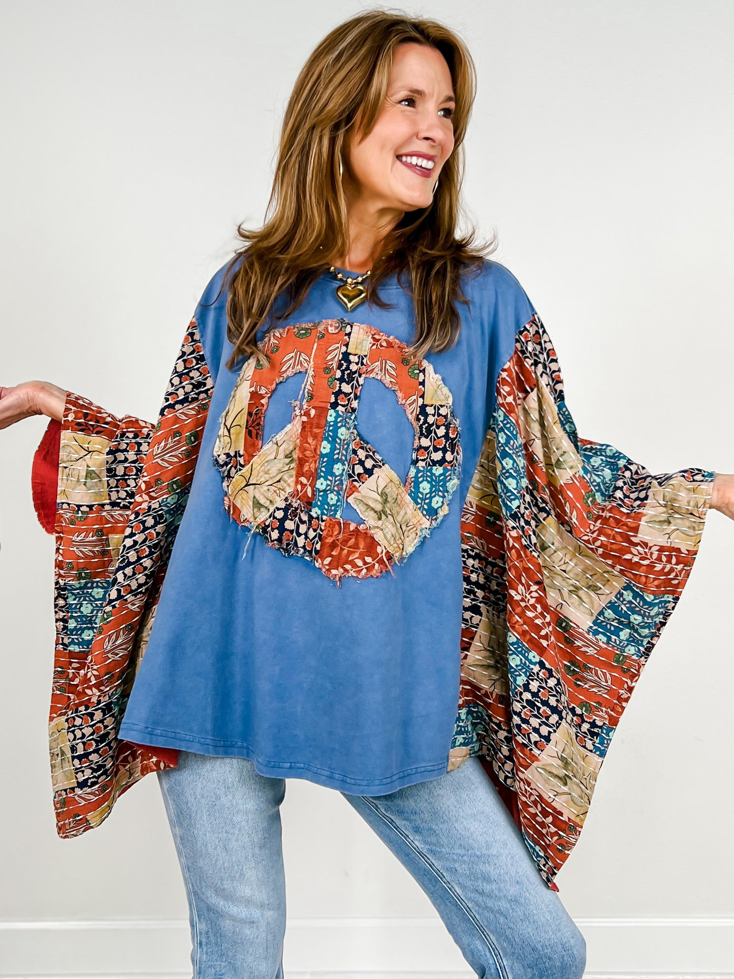 Peace Sign Patch Kantha Poncho Top