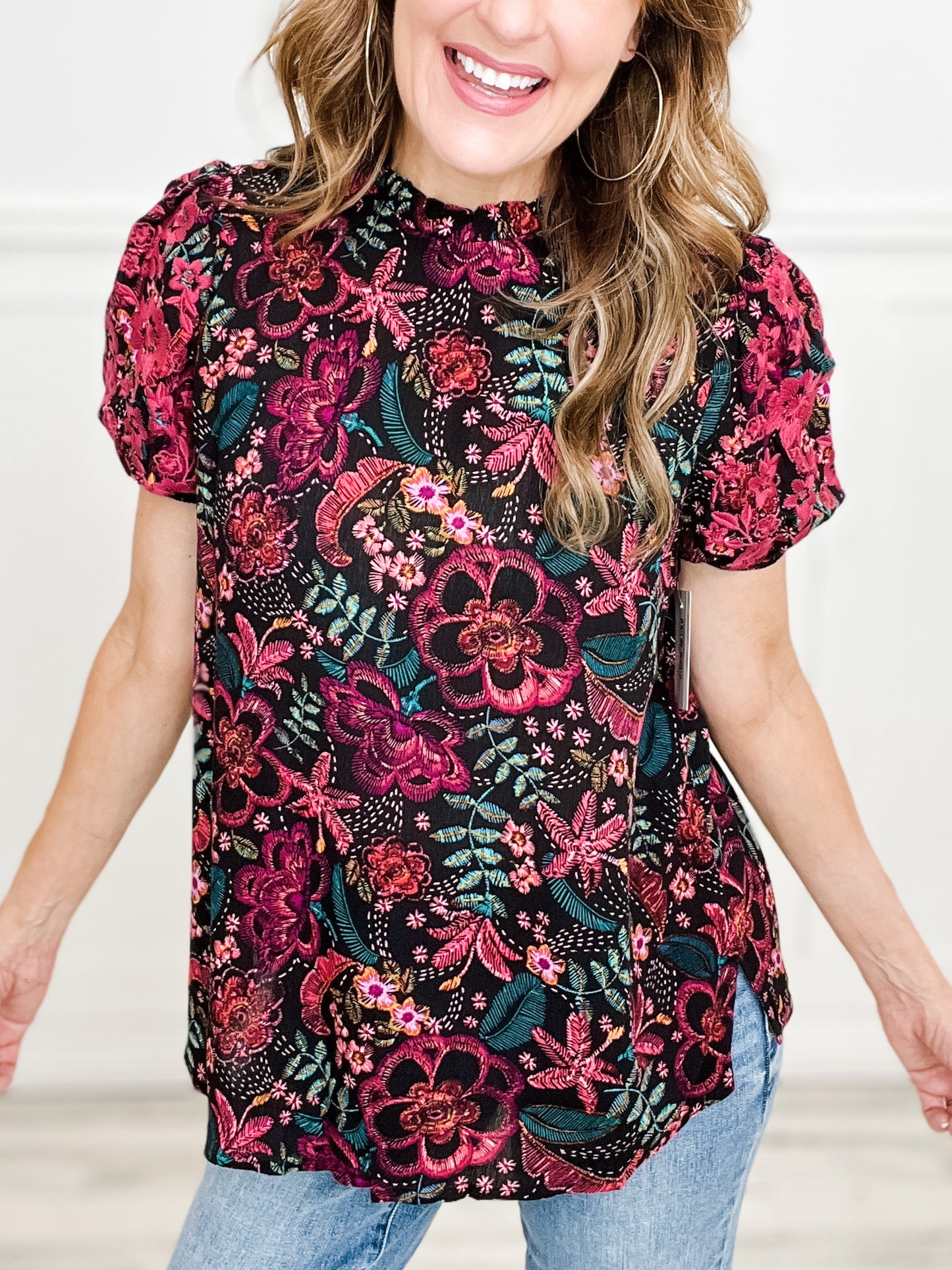 Fun Print Ruffle Neckline Top with Embroidery Detail and Puff Short Sleeves