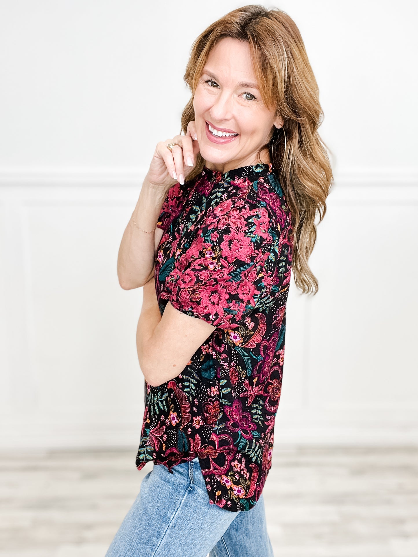 Fun Print Ruffle Neckline Top with Embroidery Detail and Puff Short Sleeves