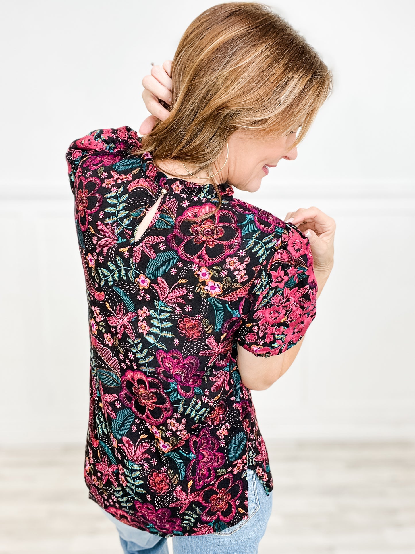 Fun Print Ruffle Neckline Top with Embroidery Detail and Puff Short Sleeves