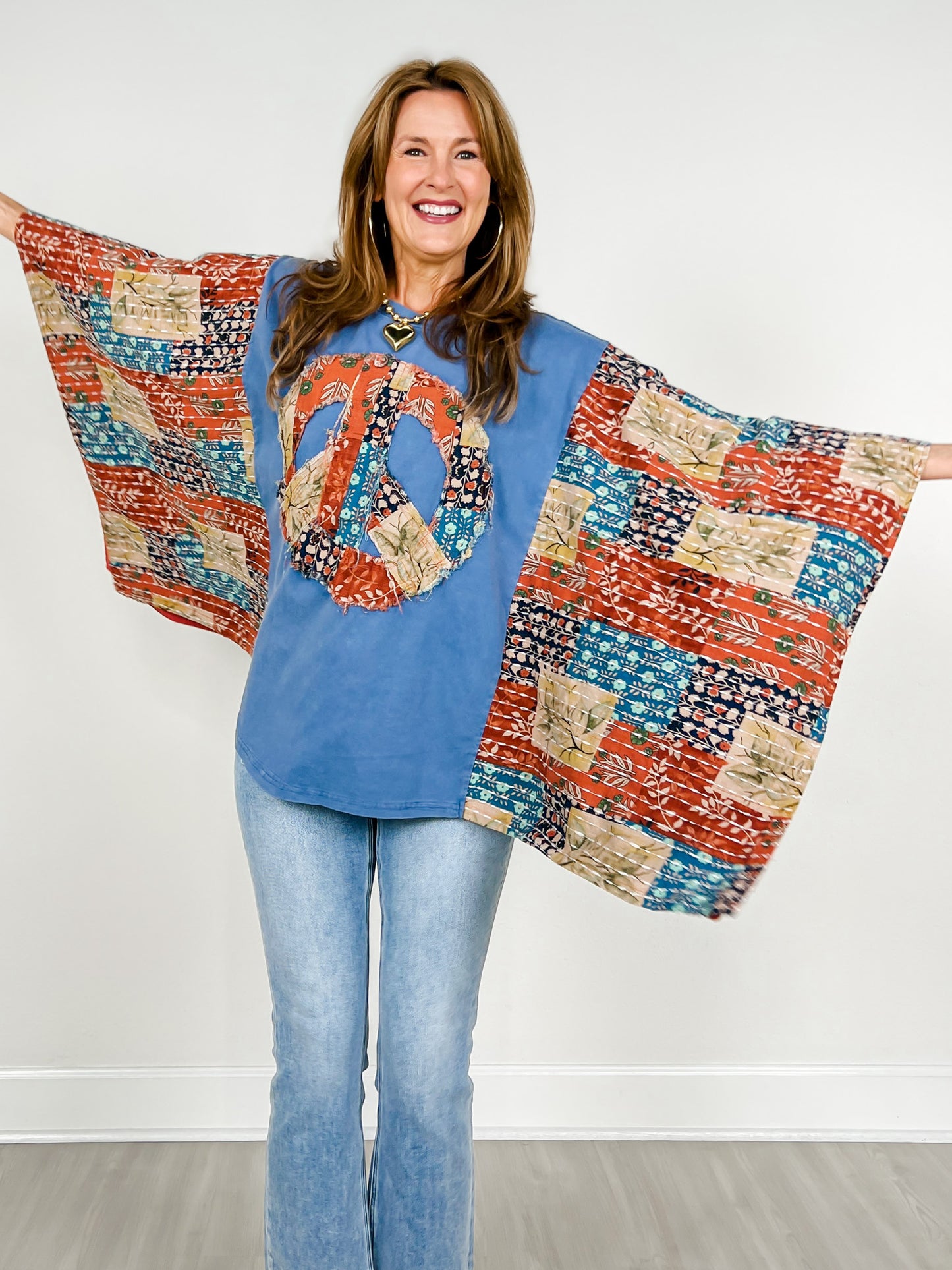 Peace Sign Patch Kantha Poncho Top