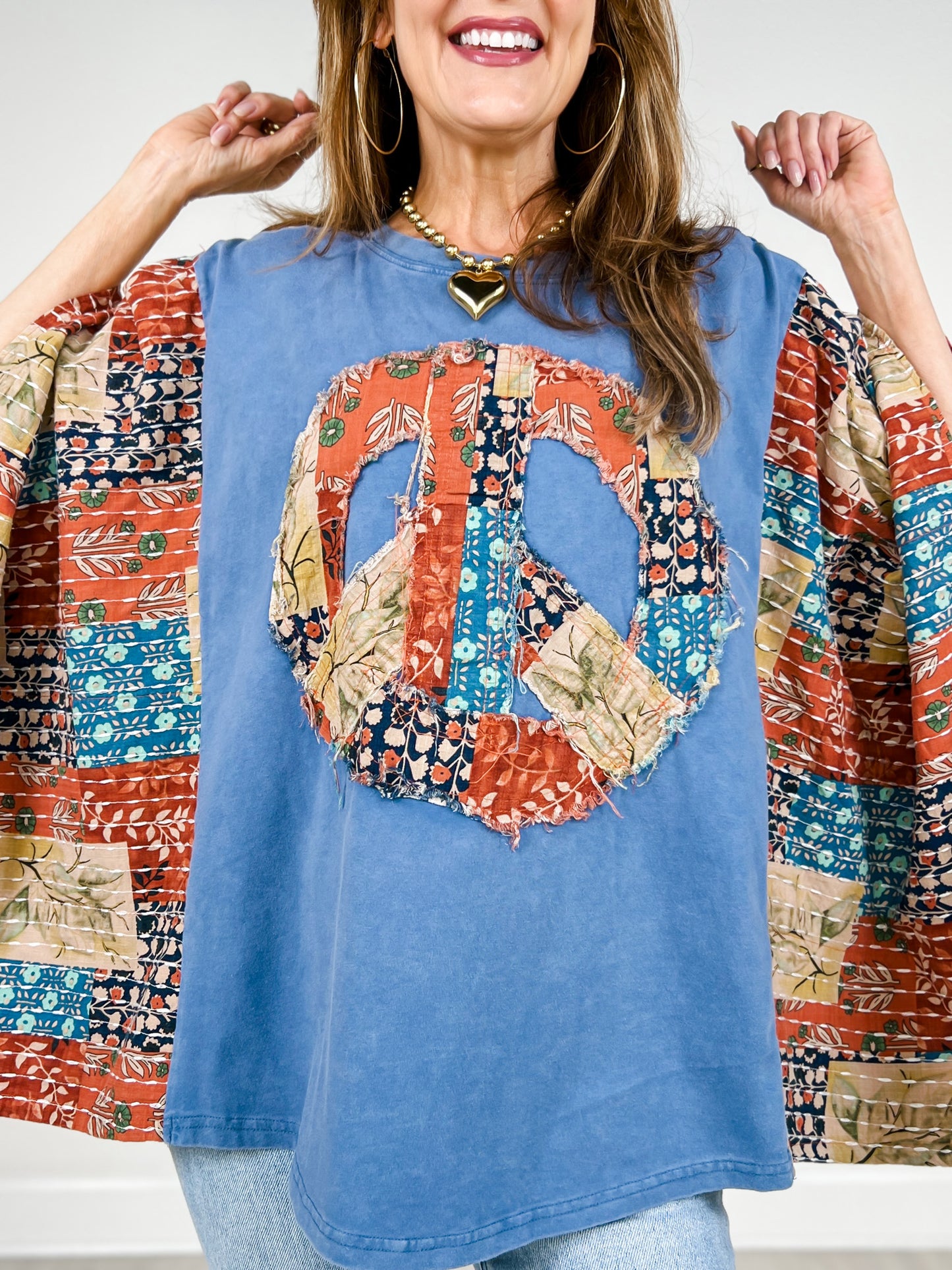 Peace Sign Patch Kantha Poncho Top