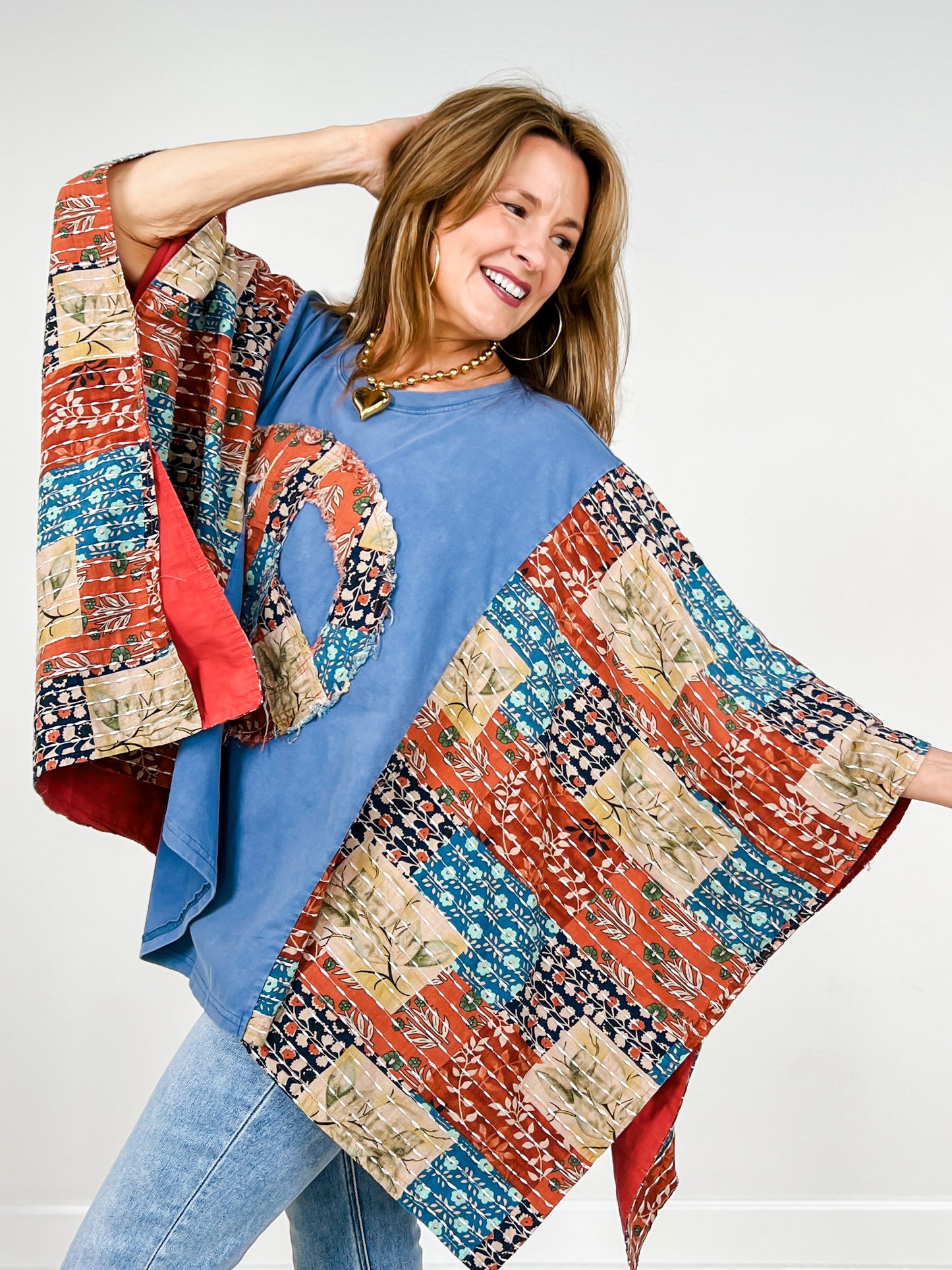 Peace Sign Patch Kantha Poncho Top