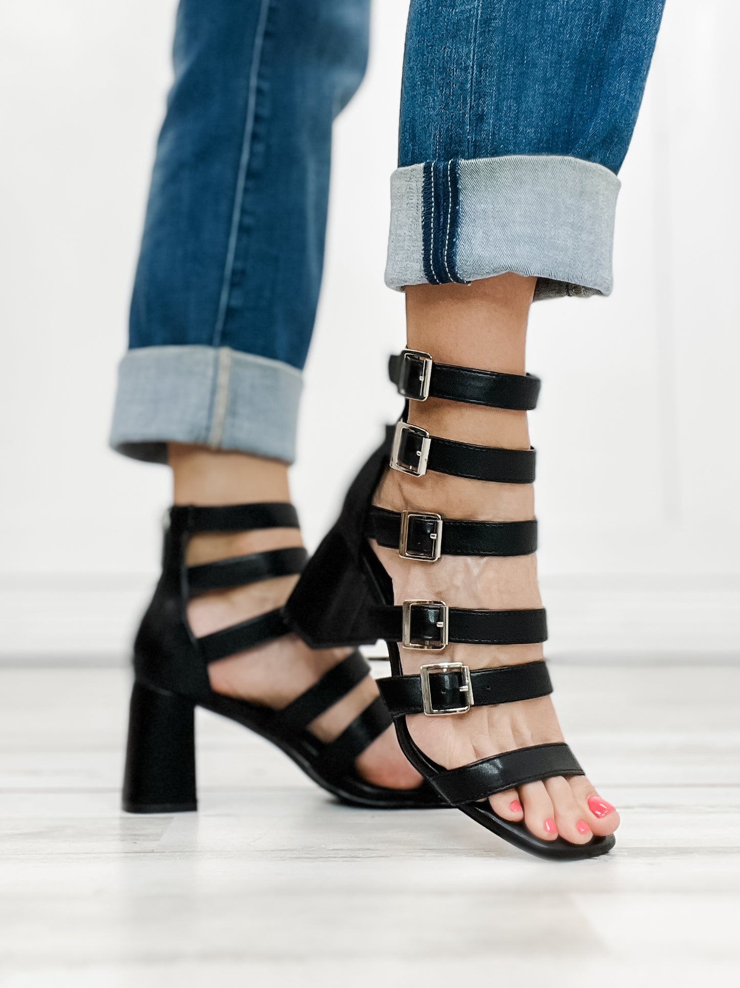 Corkys Buckle Down Block Heel Sandals in Black