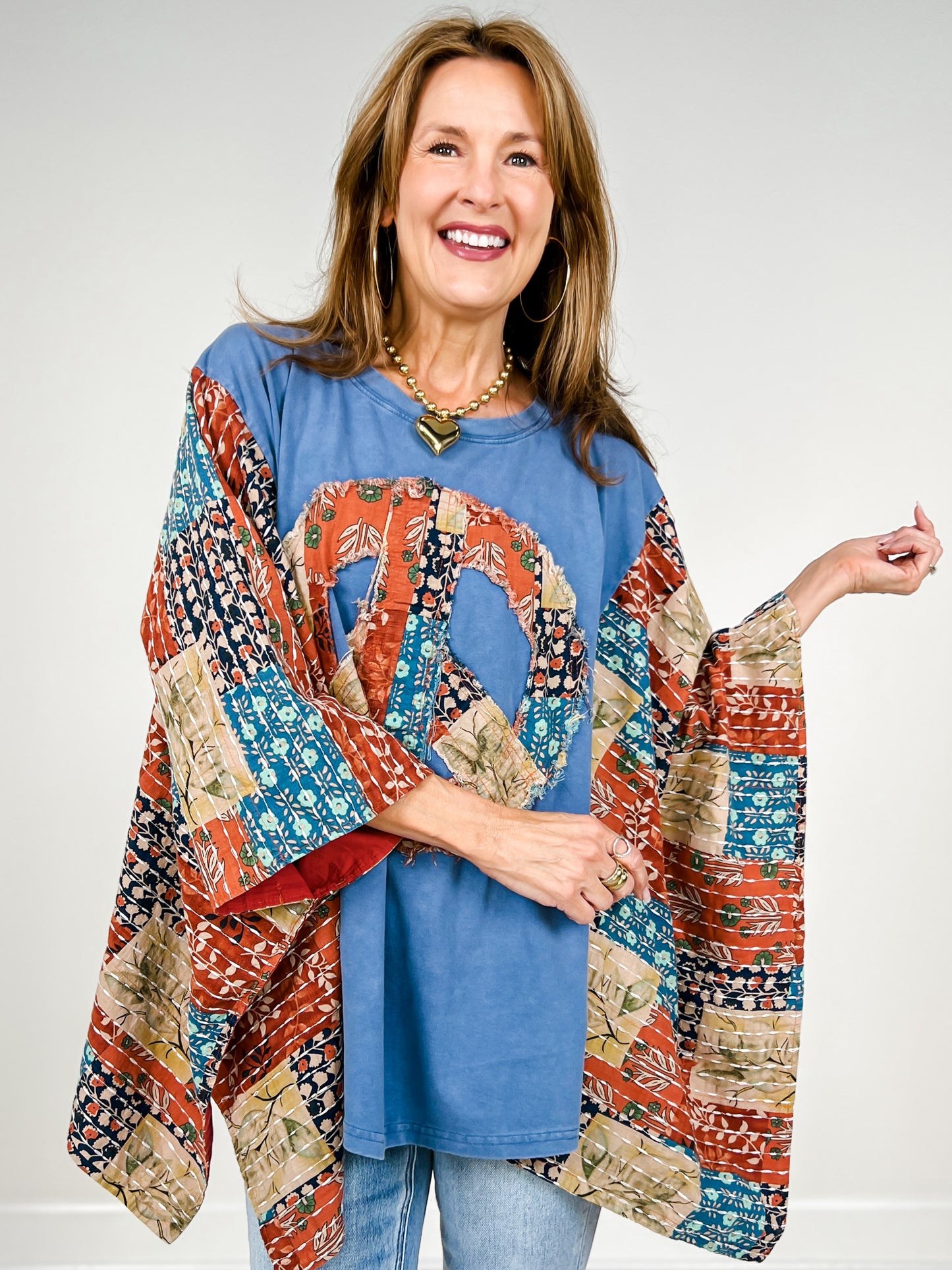 Peace Sign Patch Kantha Poncho Top