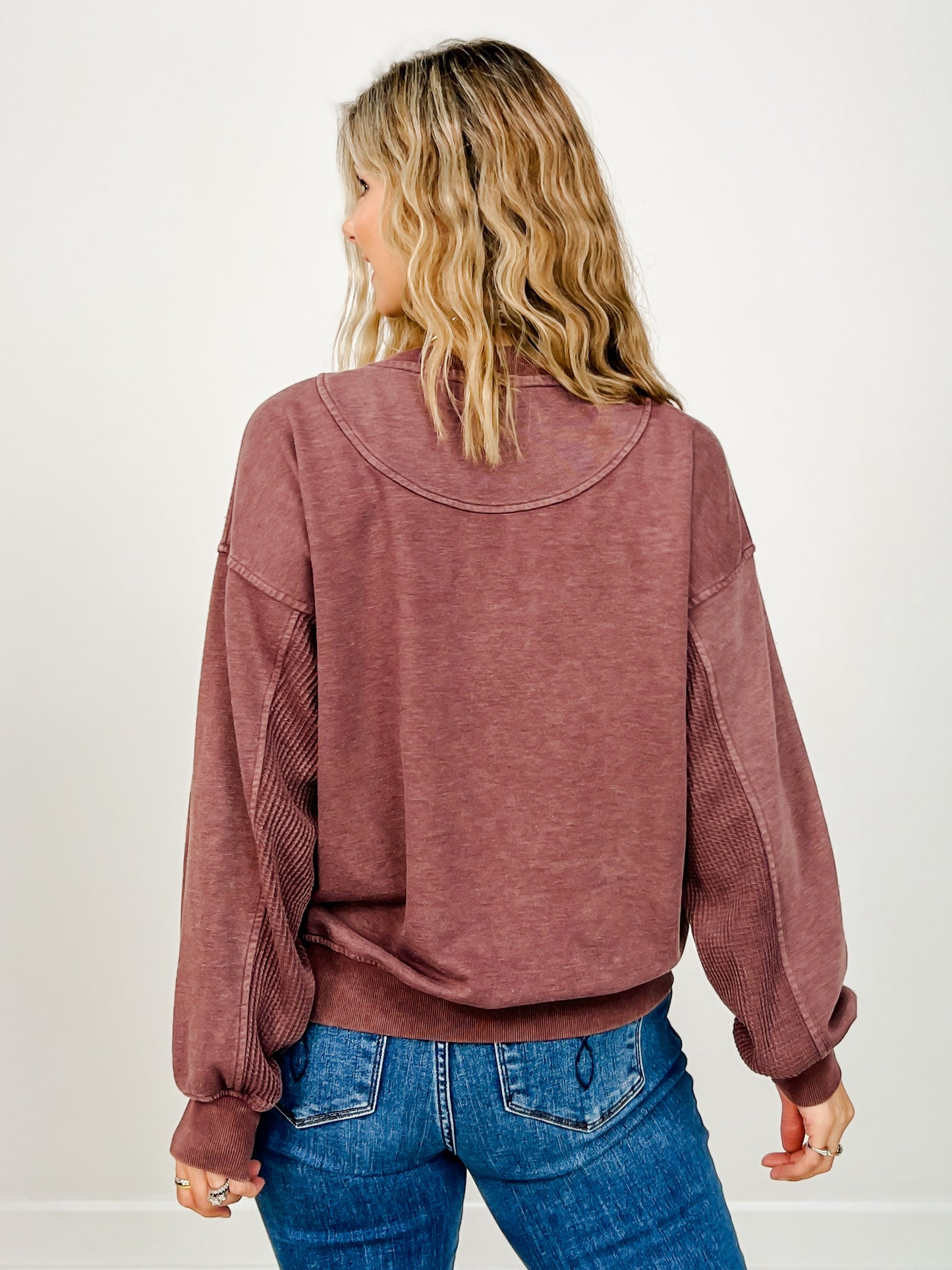 Mineral Washed Mixed Texture Pullover in Dark Cherry