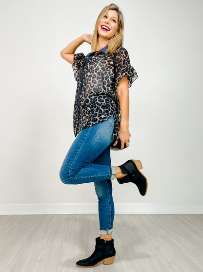 Short Sleeve Sheer Leopard Gold Button Front Top