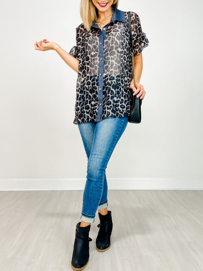 Short Sleeve Sheer Leopard Gold Button Front Top