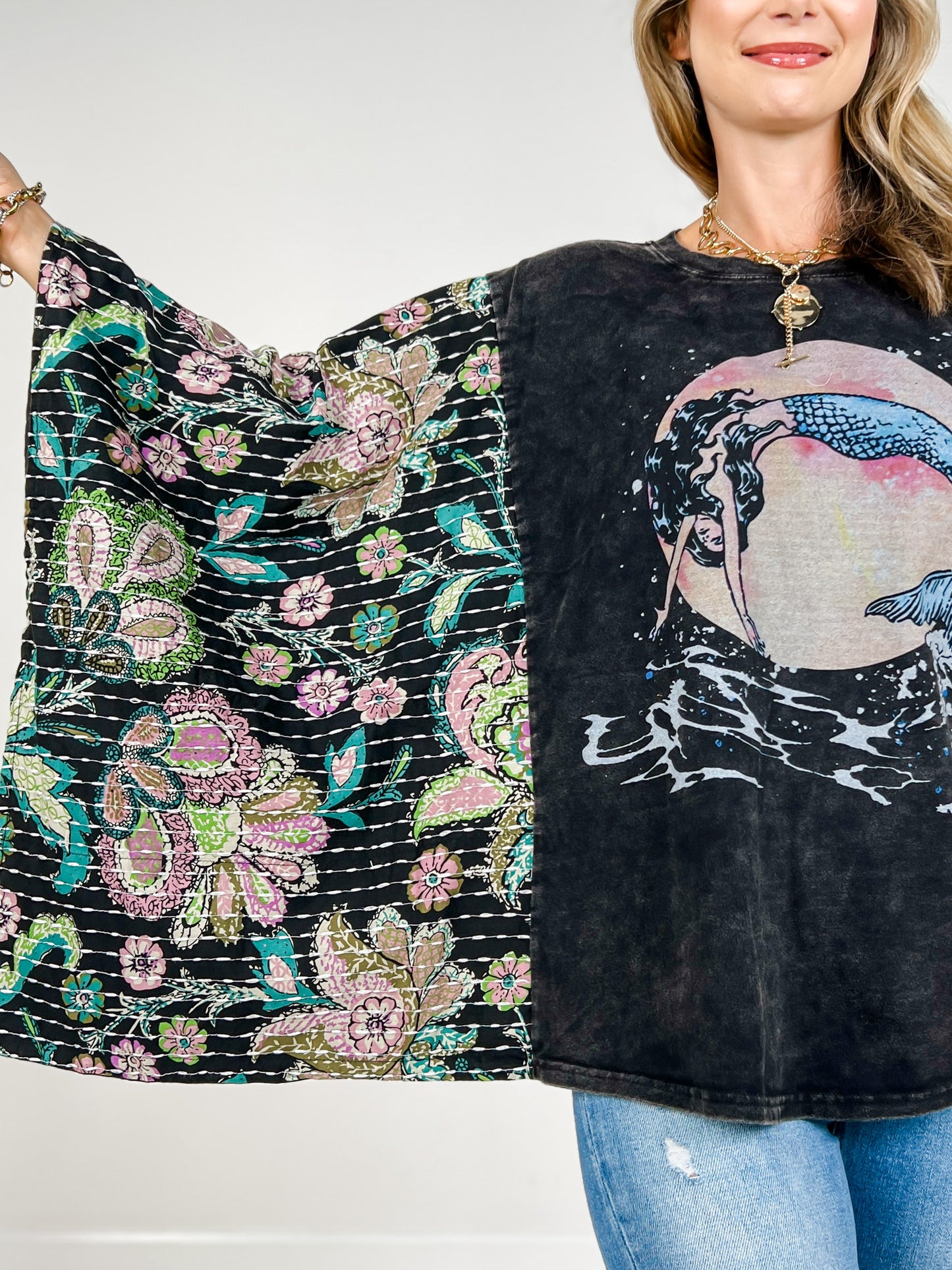 Mermaid Print Kantha Poncho Top