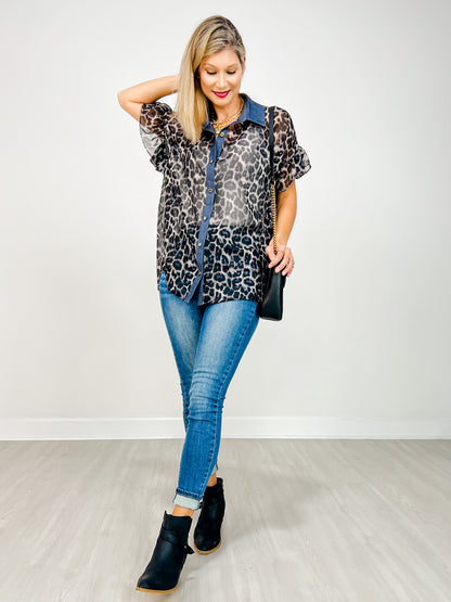 Short Sleeve Sheer Leopard Gold Button Front Top