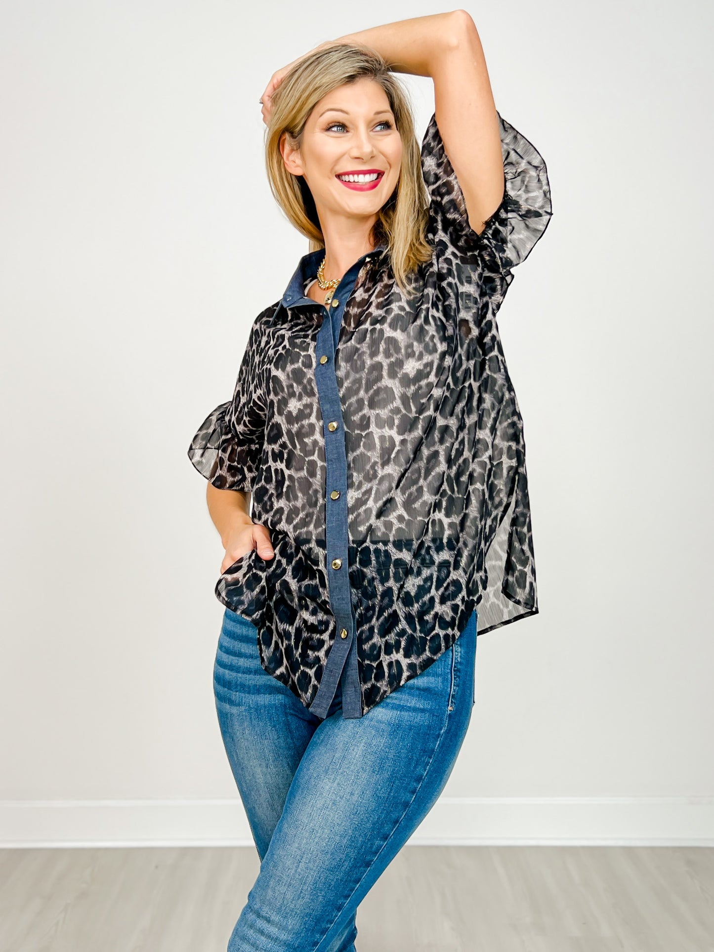 Short Sleeve Sheer Leopard Gold Button Front Top