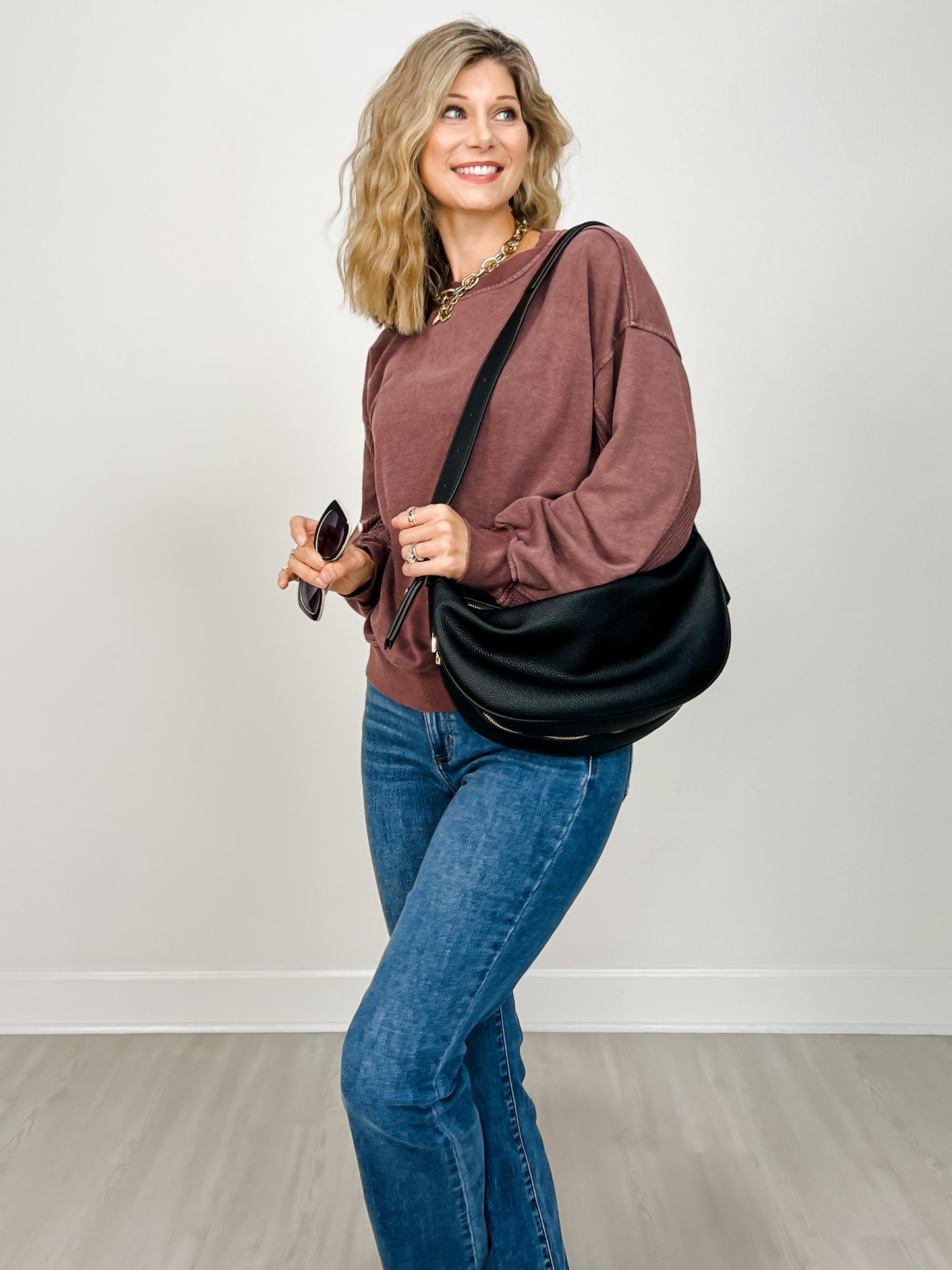 Mineral Washed Mixed Texture Pullover in Dark Cherry