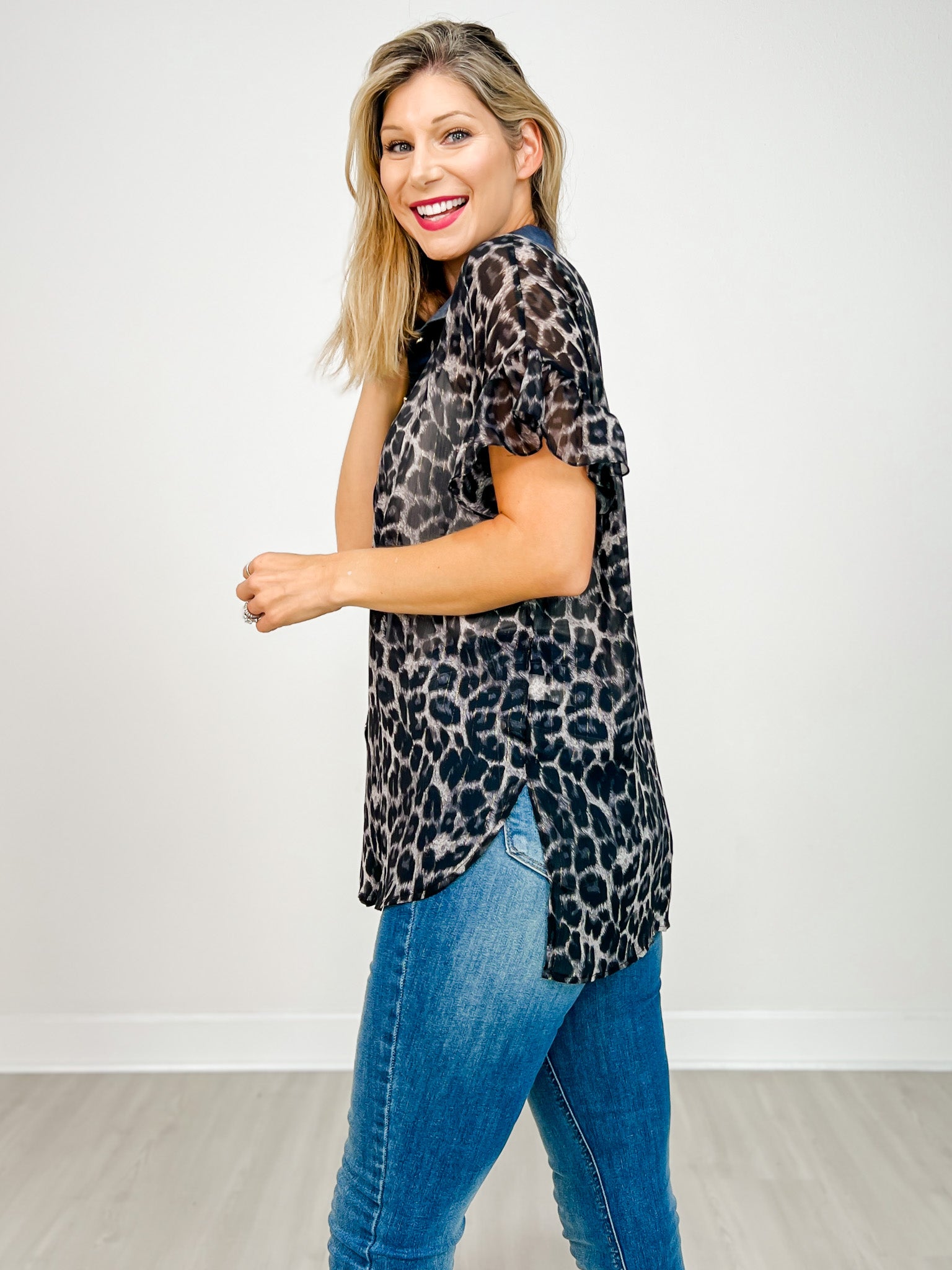 Short Sleeve Sheer Leopard Gold Button Front Top