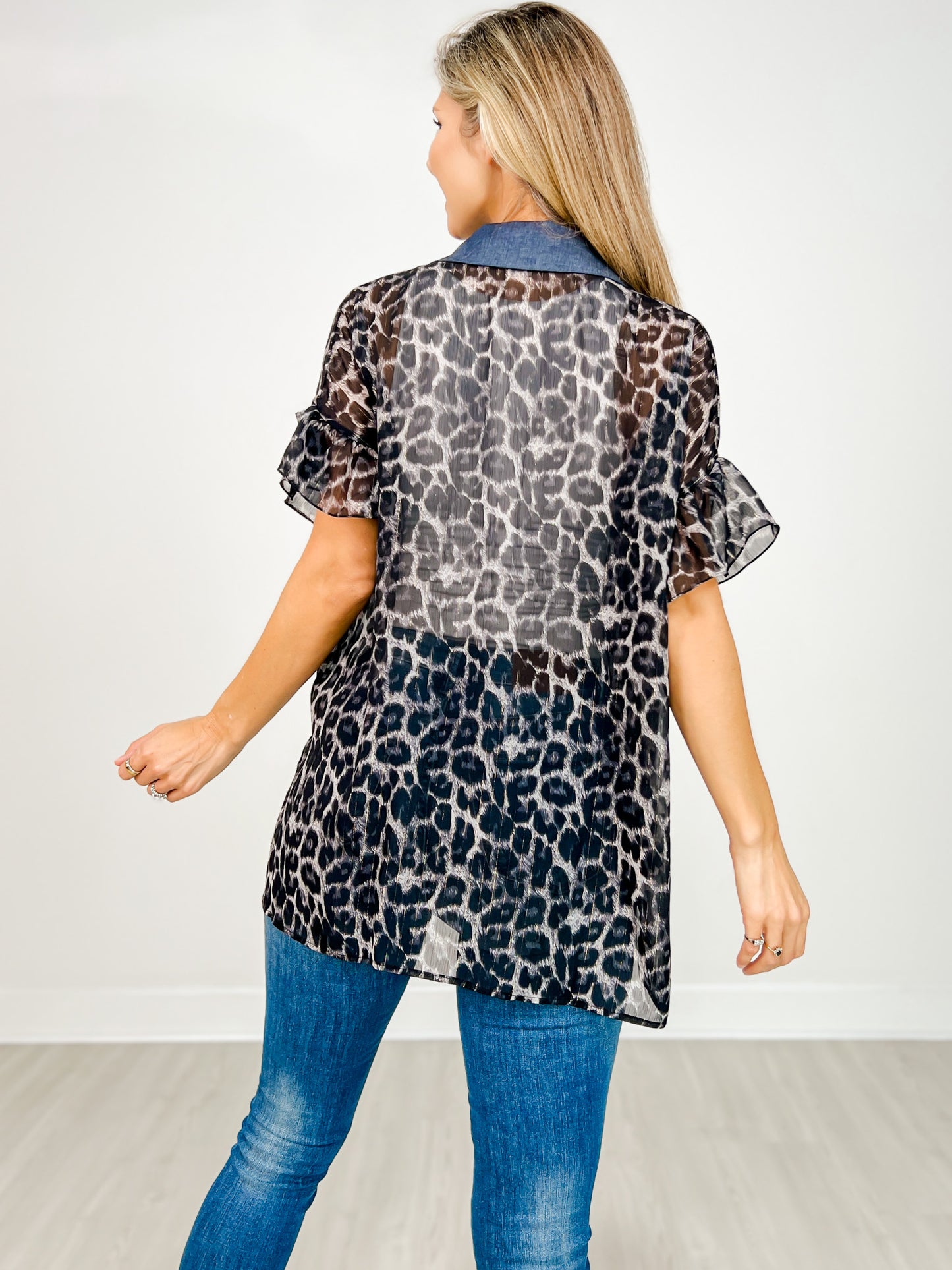 Short Sleeve Sheer Leopard Gold Button Front Top