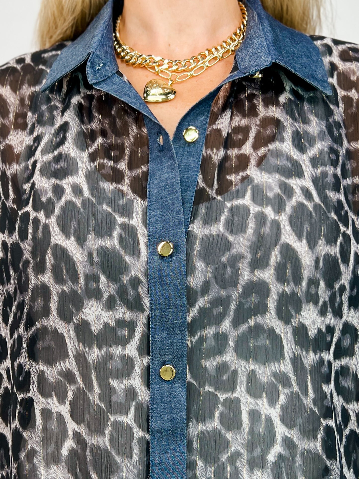 Short Sleeve Sheer Leopard Gold Button Front Top