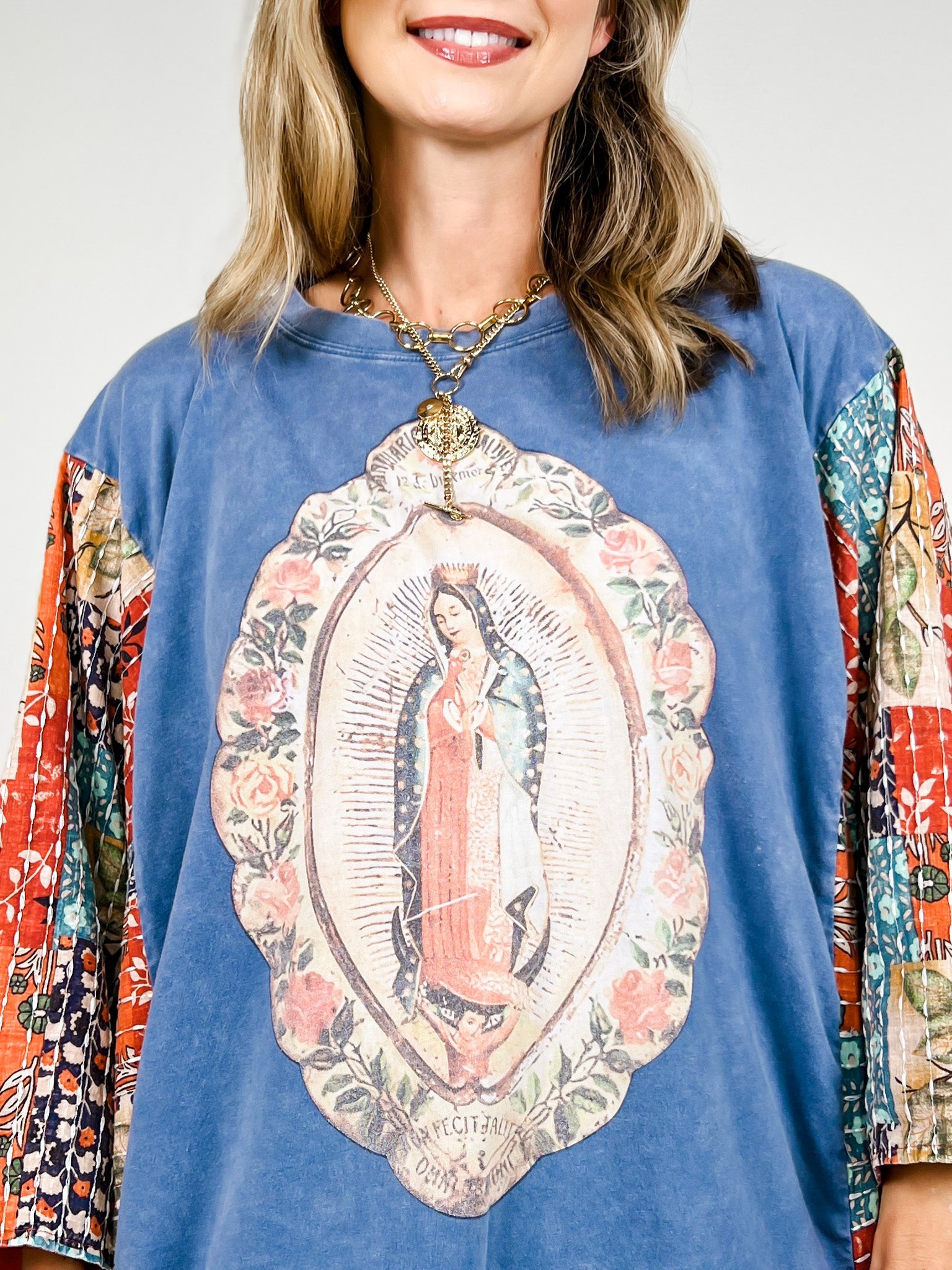 Virgin Mary Print Kantha Poncho Top