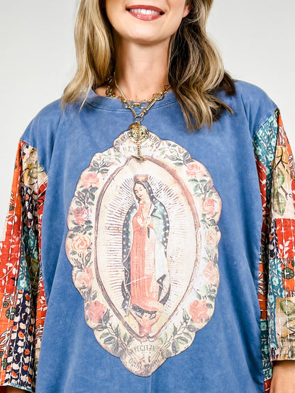 Virgin Mary Print Kantha Poncho Top