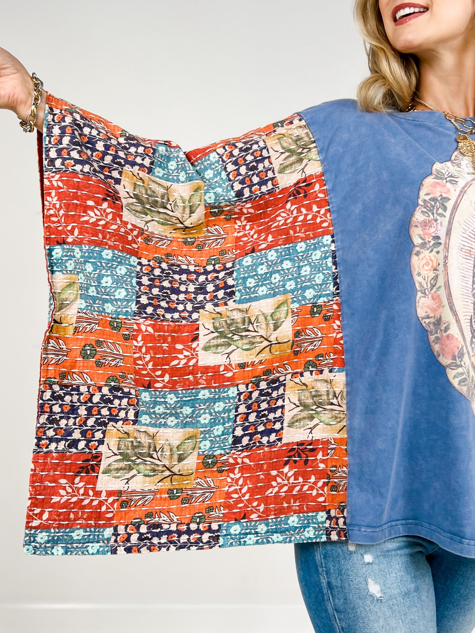 Virgin Mary Print Kantha Poncho Top