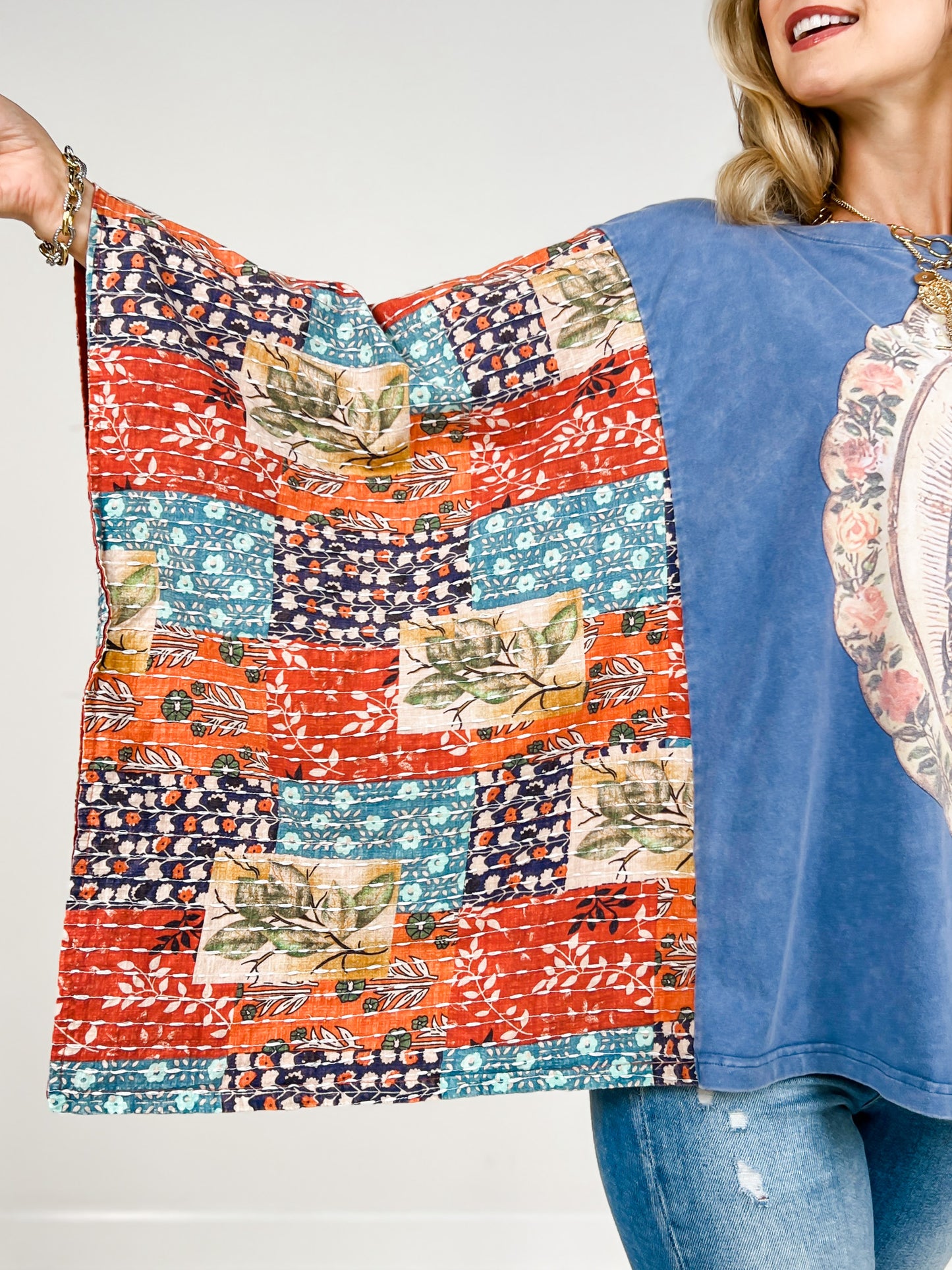 Virgin Mary Print Kantha Poncho Top