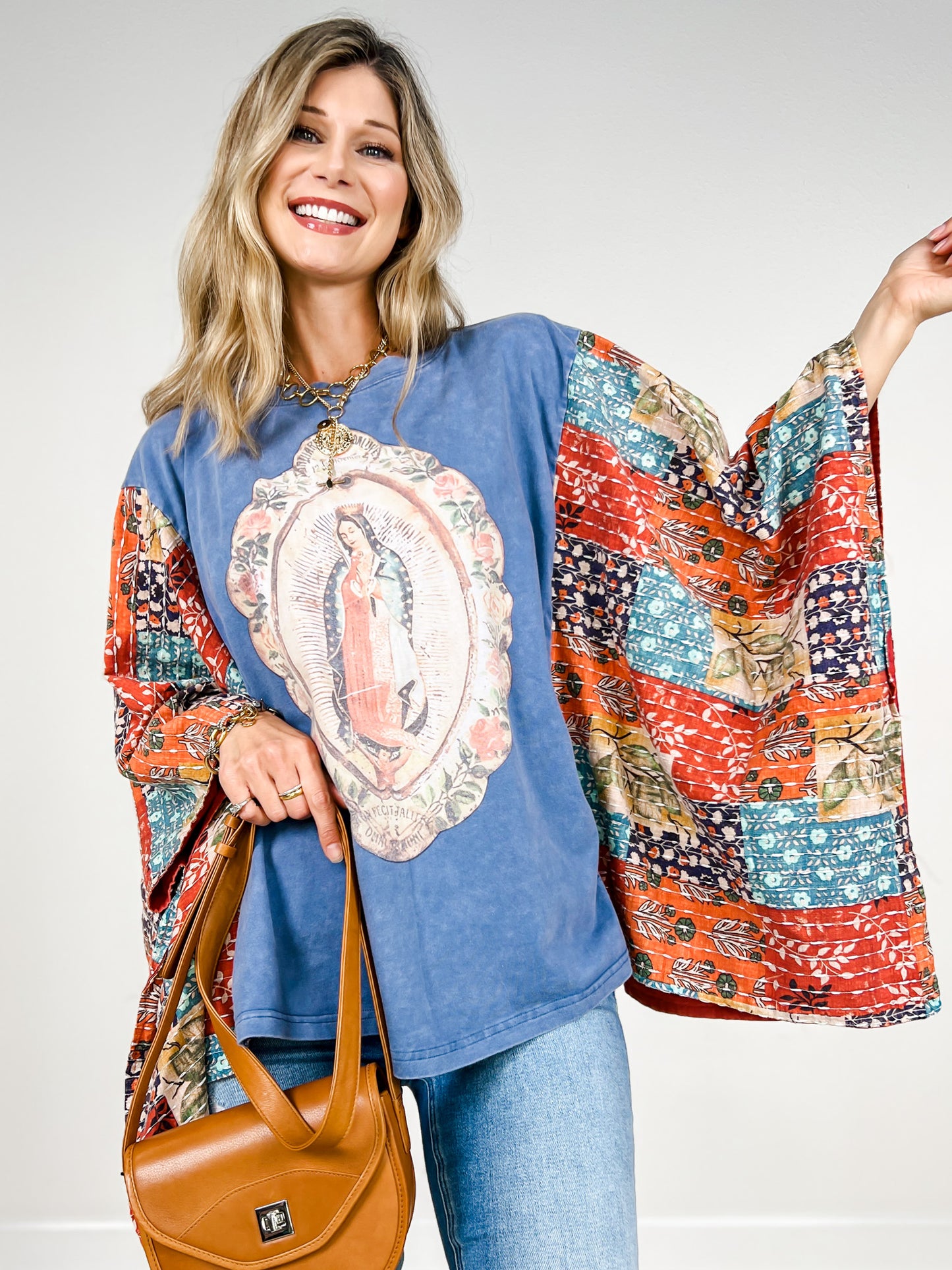 Virgin Mary Print Kantha Poncho Top