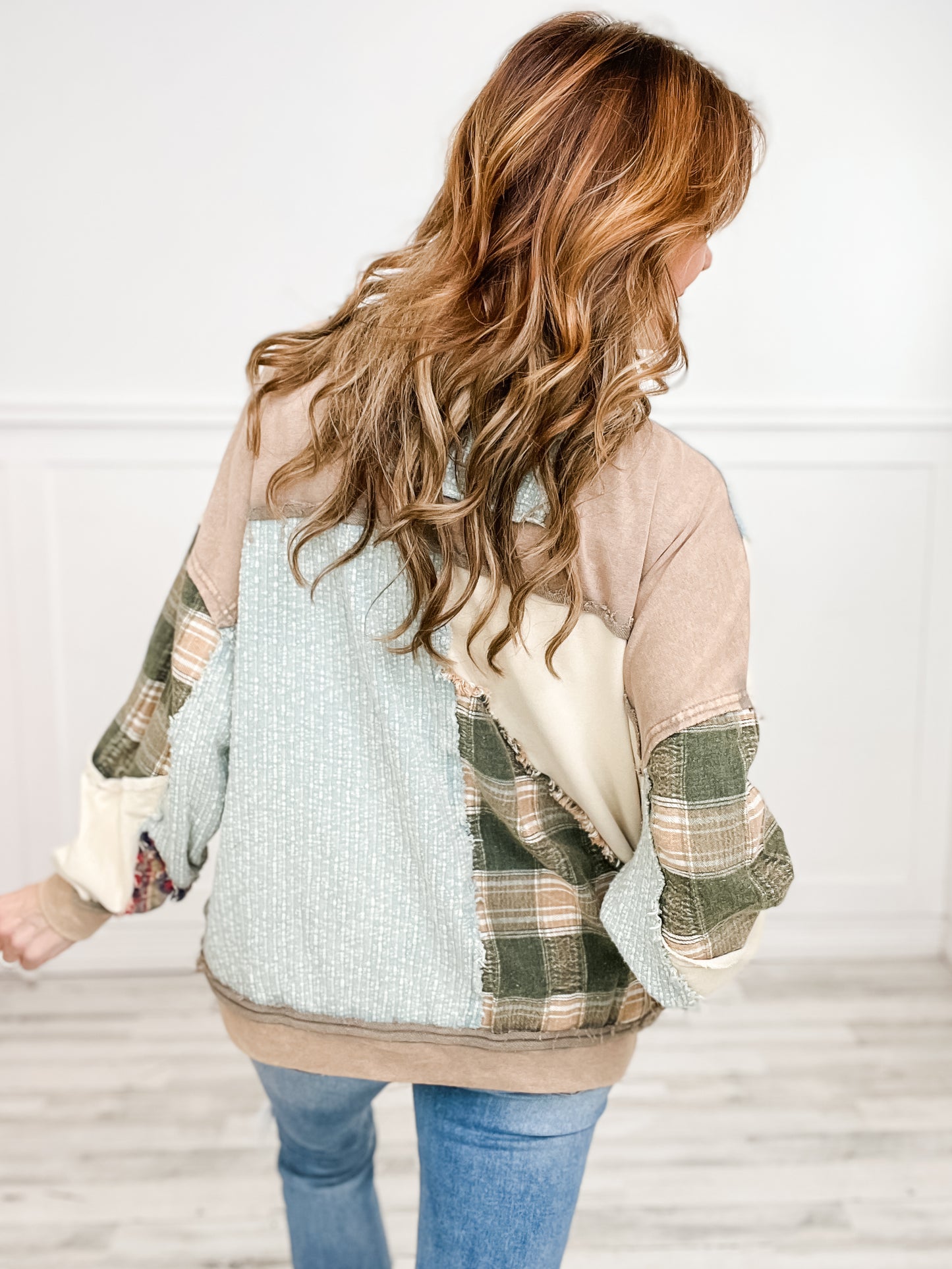 PATCHWORK LONG SLEEVE OVERSIZED PULLOVER KNIT TOP