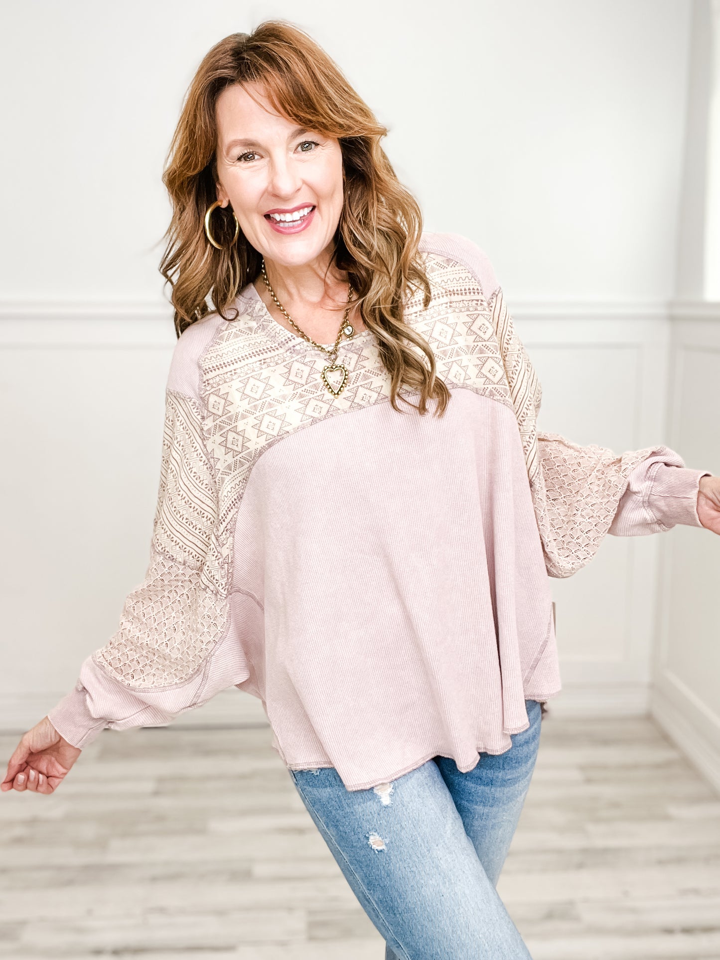 Washed Fabric Mixed Dolman Top