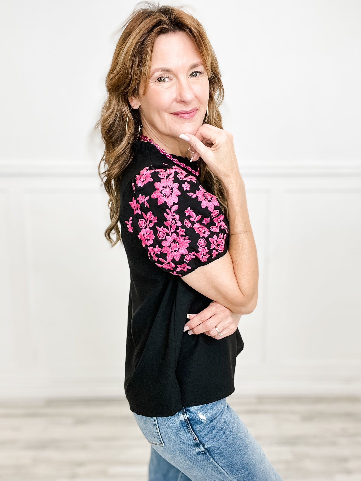 Woven Ruffle Neckline Top with Floral Embroidery Short Sleeves