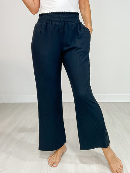 Smocked Waistband Ribbed Wide Leg Pants