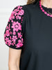 Woven Ruffle Neckline Top with Floral Embroidery Short Sleeves