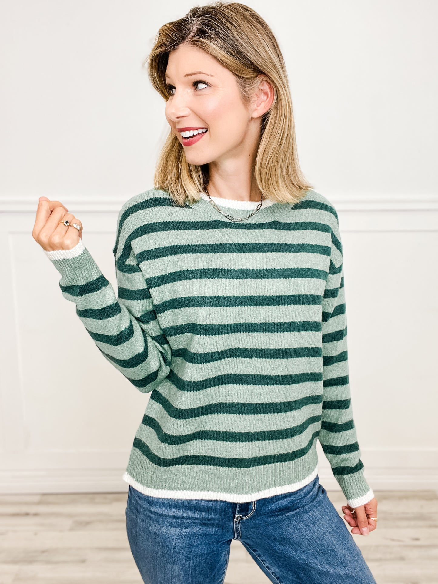 Striped Color Contrast Layer Crew Neck Sweater