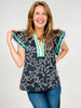 Abstract Print Flutter Sleeve Top with V-Neckline