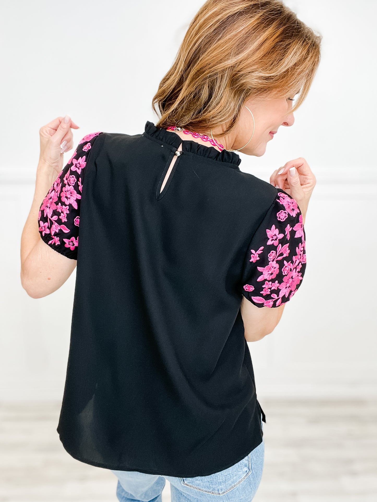 Woven Ruffle Neckline Top with Floral Embroidery Short Sleeves