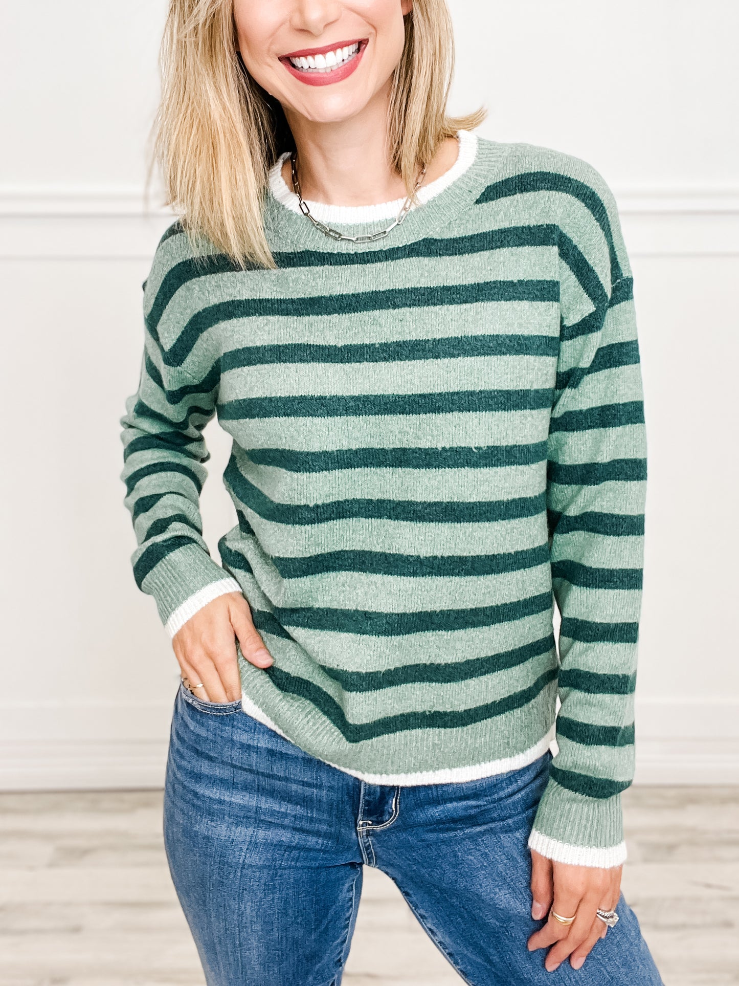 Striped Color Contrast Layer Crew Neck Sweater