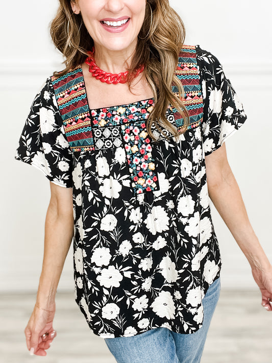 Floral Short Sleeve Top with Yoke Contrast Detail Embroidery