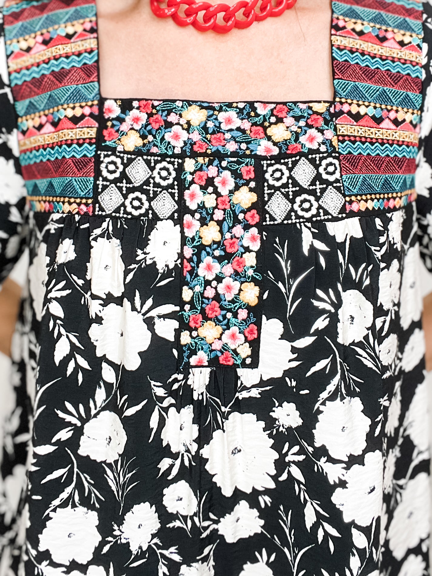 Floral Short Sleeve Top with Yoke Contrast Detail Embroidery