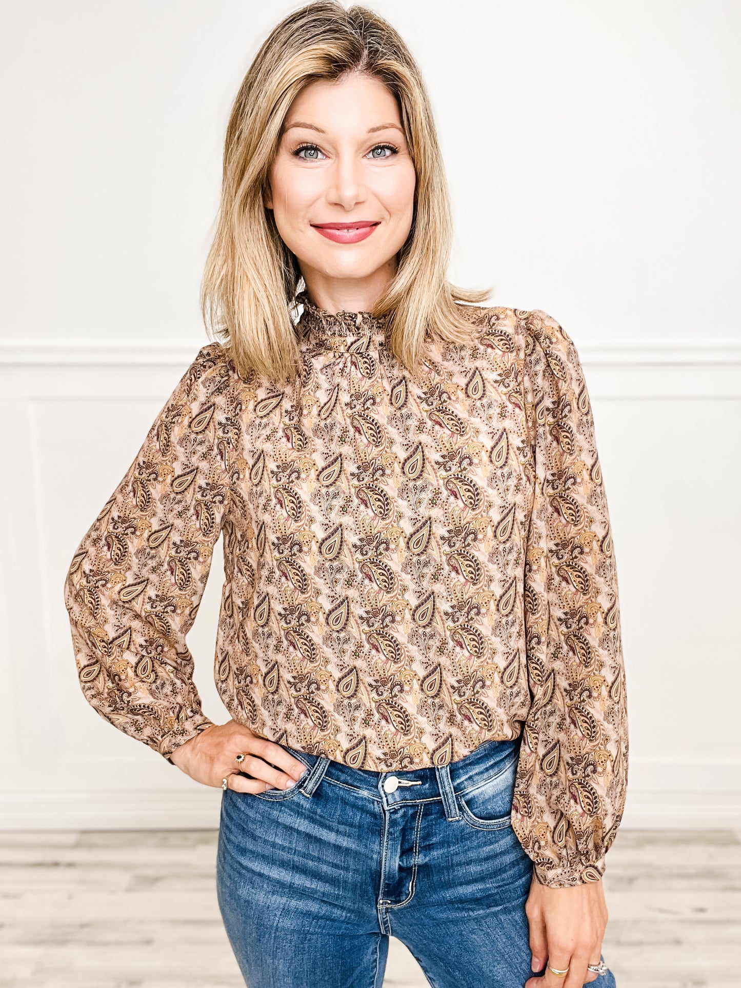 Long Sleeve Mock Neck Paisley Print Top