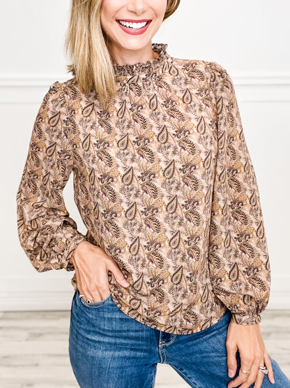 Long Sleeve Mock Neck Paisley Print Top