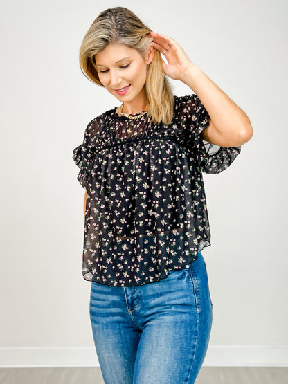 Floral Print Chiffon Top With Flutter Sleeves