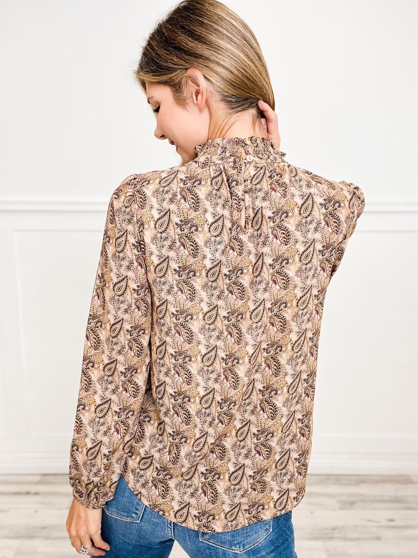 Long Sleeve Mock Neck Paisley Print Top