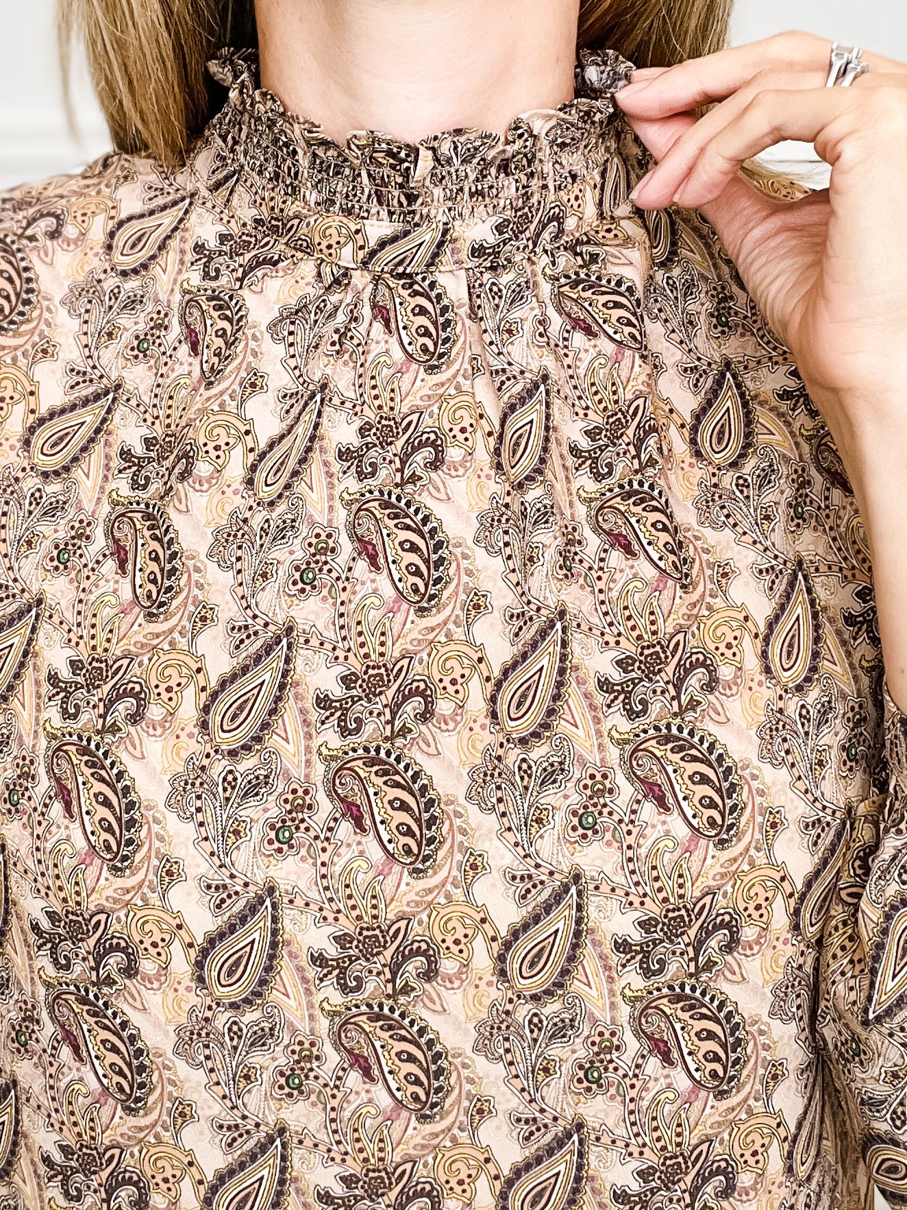 Long Sleeve Mock Neck Paisley Print Top